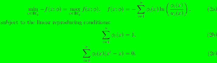 \begin{subequations}\begin{align}\min_{{\phi} \in {\rm {I\!R}}_+^n} - f({x};{\ph...
...\ \sum_{i=1}^n \phi_i({x}) ( {x}^i - {x}) &= {0}, \end{align}\end{subequations}