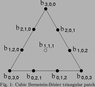 \begin{figure}\centering\epsfig{file=BB-triangle.eps,width=0.5\textwidth}\par\textrm{Fig. 1: Cubic Bernstein-B\'{e}zier triangular patch}
\end{figure}